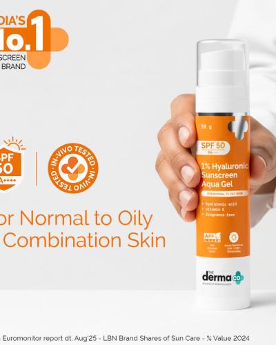 The Derma Co 1% Hyaluronic Sunscreen Aqua Ultra Light Gel with SPF 50 PA++++ For Broad Spectrum, UVA, UVB & Blue Light Protection 50g