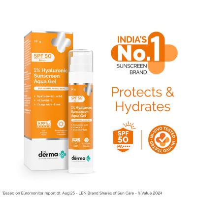 The Derma Co 1% Hyaluronic Sunscreen Aqua Ultra Light Gel with SPF 50 PA++++ For Broad Spectrum, UVA, UVB & Blue Light Protection 50g