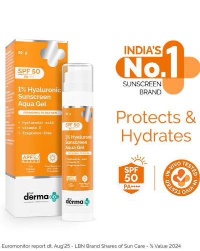 The Derma Co 1% Hyaluronic Sunscreen Aqua Ultra Light Gel with SPF 50 PA++++ For Broad Spectrum, UVA, UVB & Blue Light Protection 50g
